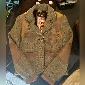 BOB MARLEY ONE OF A KIND Reworked Herringbone Blazer w Leather Patchwork